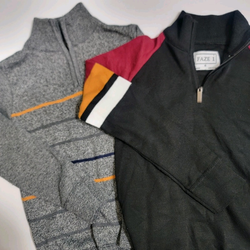 Faze 1 Boys Pullover Knit Sweater Gray Striped And Black Striped Size 6 Lot Of 2